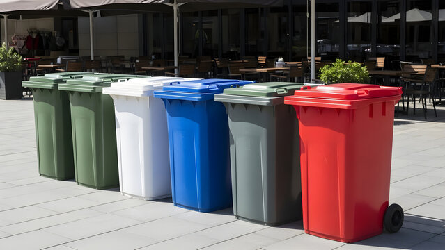 Row of colorful recycling bins for waste management and environmental sustainability in an outdoor public space setting