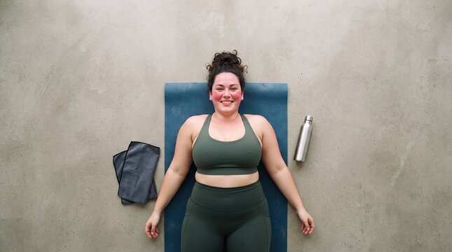 Overhead view of a plus-size woman with a flushed face resting on a yoga mat after an intense workout, with a water bottle nearby.