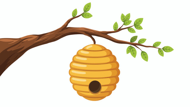 Illustration of honeycomb beehive hanging on tree branch with leaves