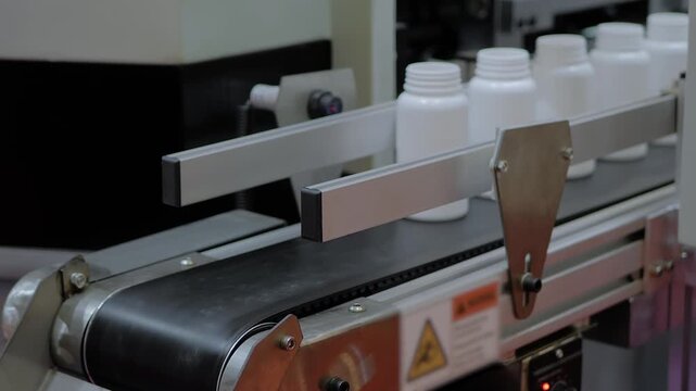 Empty white plastic bottles are falling from conveyor belt of bottle injection blow molding machine at plastic packaging exhibition, factory - close up. Manufacturing, industry and equipment concept