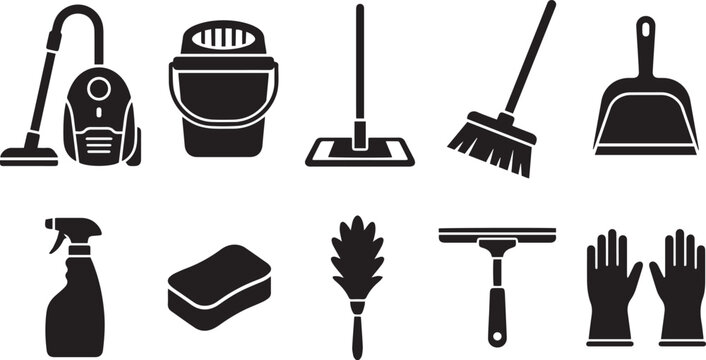 home cleaning tools and household equipment solid silhouette icon bundle