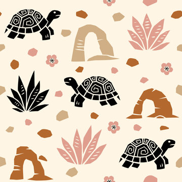 Tortoises rocks and desert plants seamless pattern