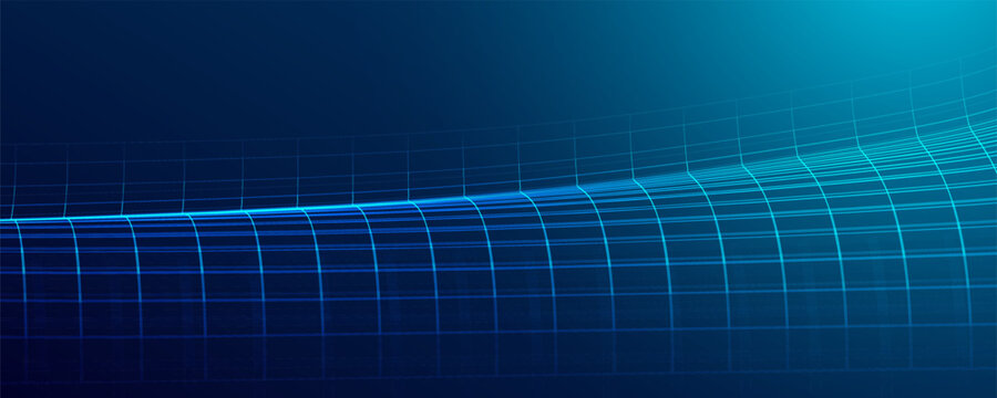 Blue technology banner wave perspective line, creating a futuristic digital background for AI, data, innovation and modern technology concepts.