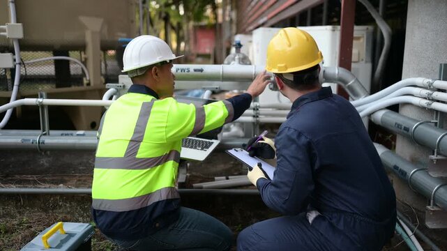 Industrial engineer inspecting water valves and pipelines outside a factory using a laptop, supporting infrastructure maintenance, system monitoring, safety, efficient operations and water management.