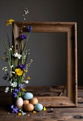 Obraz premium Easter celebration and spring holiday concept, rustic wooden frame with colorful wildflowers and speckled eggs on a dark wooden table background