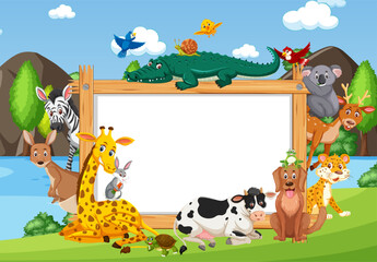 Fototapeta premium Empty wooden frame with various wild animals in the forest