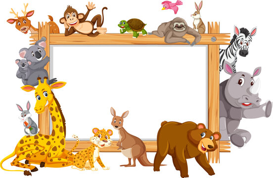Empty wooden frame with various wild animals