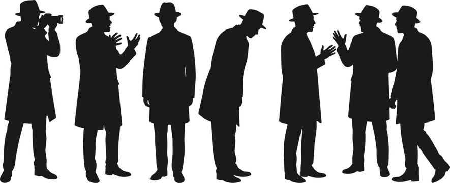 Secret agent detective group wearing fedora hat coat taking photo talking standing together vector set for espionage design
