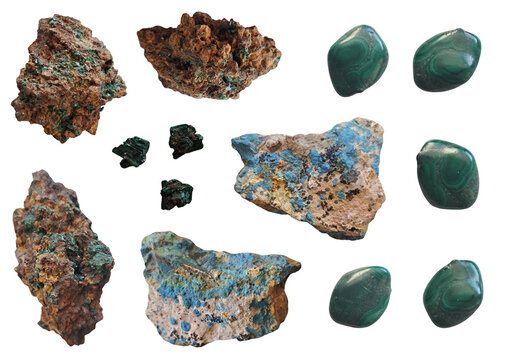 Set of copper minerals including crystalline green malachite earthy malachite with blue azurite and polished tumbled stones isolated on transparent background