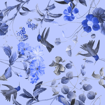 Seamless blue hummingbird and botanical floral pattern, vintage style drawing with exotic flowers and birds on light periwinkle background