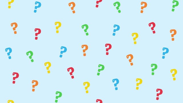 Colorful question marks descend continuously across a light blue background, creating an animated pattern