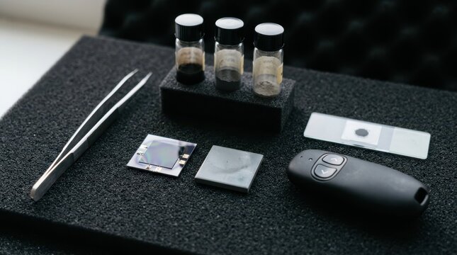 startup funding materials with sample vials, graphene sheet, ceramic coupon, tweezers, microscope slide, and presentation clicker