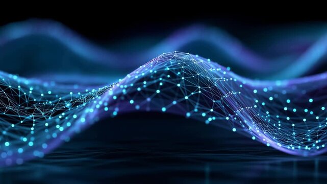 Abstract digital network wave with glowing blue nodes and flowing data connections