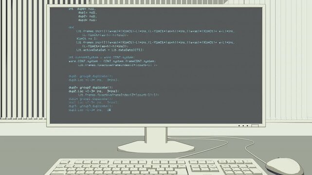 PCモニターとキーボードのアニメーション　架空のコード表示　ループ　