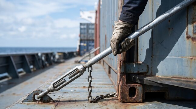Worker securing cargo container with turnbuckle lashing on a commercial shipping vessel