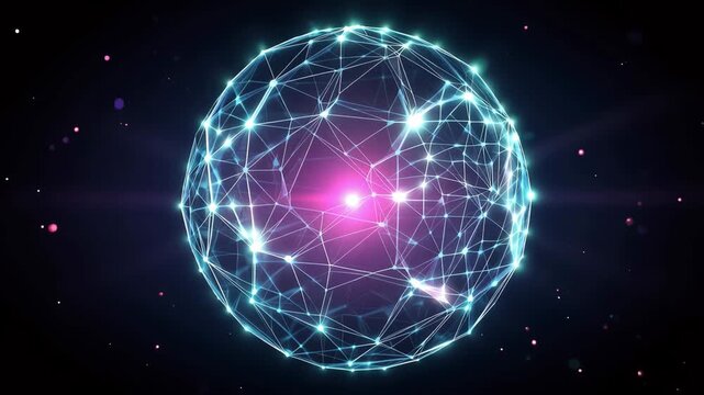 Abstract glowing neural network sphere with blue nodes and pink energy core on dark background