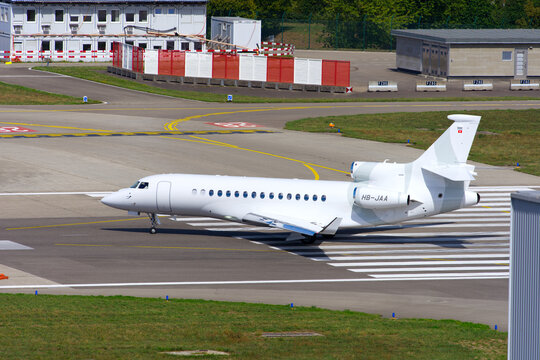 Novartis private jet type Dassault Falcon 8X registration HB-JAA at Swiss Z&uuml;rich Airport on a sunny summer day. Photo taken September 3rd, 2026, Zurich Airport, Switzerland.