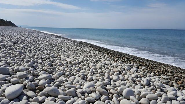 A picturesque view of a serene pebbled beach shoreline stretching towards the calm blue ocean under a bright clear sky on a sunny afternoon day