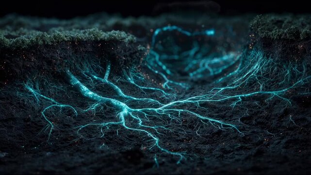 Glowing cyan tree roots and bioluminescent mycelium network pulsing underground with glowing particles in dark soil