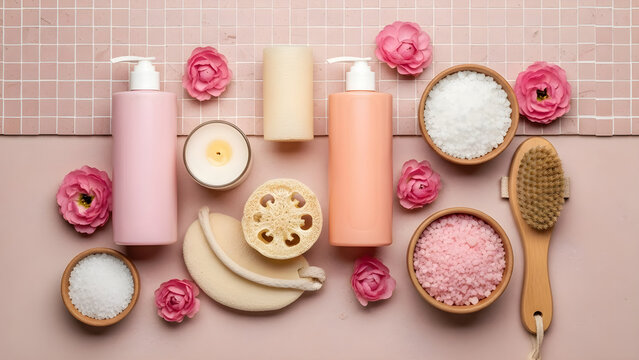 Top View Flat Lay of Natural Spa Beauty Products and Pink Flowers for Relaxing Self Care Routine and Organic Skincare Wellness Rituals