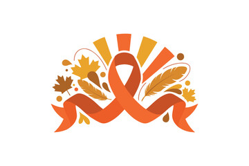 Fototapeta premium Orange Awareness Ribbon with Autumn Leaves and Feathers Isolated on White Background