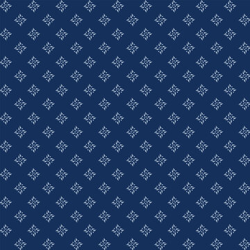 Small white flowers pattern doodle shapes motif continuous blue background. Modern floral fabric design textile swatch ladies dress, men's shirt all over print block.