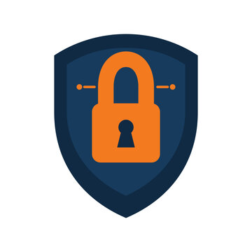 Cybersecurity shield with central padlock vector icon on white background