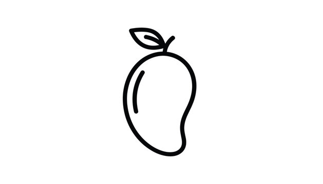 Minimalist black outline icon of a fresh organic mango fruit with a small green leaf on a white background.