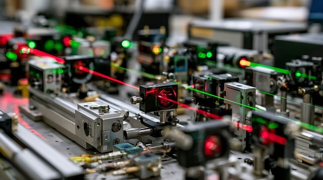 Red and green laser beams in a physics laboratory optics experiment setup.