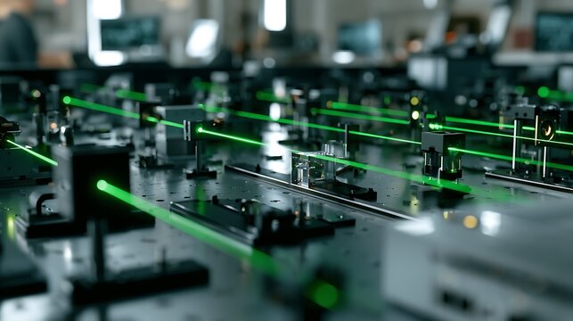Complex laser optics experiment with green light beams on an optical breadboard table.