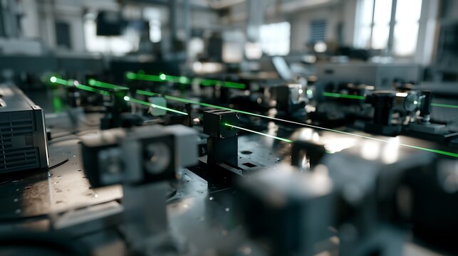 Complex laser optics experiment with green light beams in a professional physics laboratory