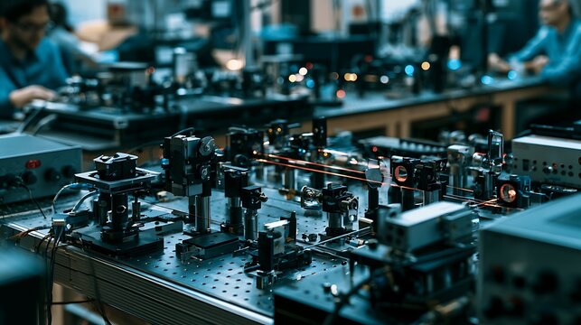 Optical frequency comb experiment setup in a modern physics research laboratory environment.