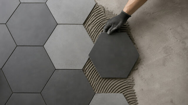Tiler in gloves installing grey hexagon tile on floor with adhesive. Tile laying process during home renovation and repair. Flooring installation work, construction and interior improvement concept