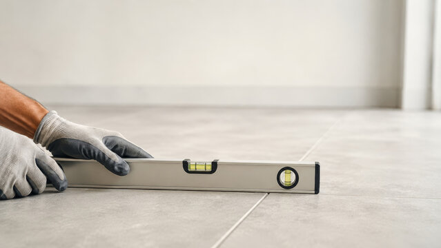 Tiler hands in gloves checking floor tile level with spirit level tool. Man worker installing ceramic tile on floor during home renovation. Professional construction and repair work concept.