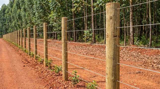 Durable fence made of treated eucalyptus wood posts and wire in a rural setting