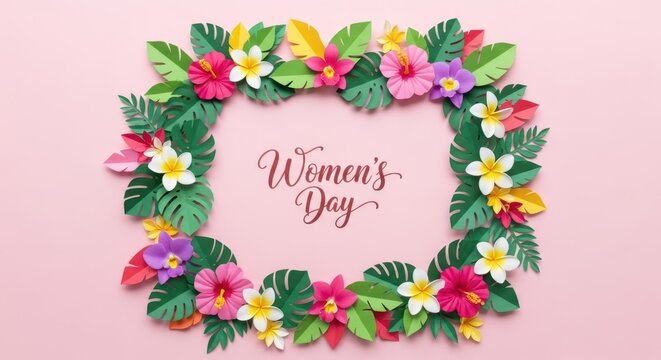 Paper flower frame with tropical leaves for womens day celebration design