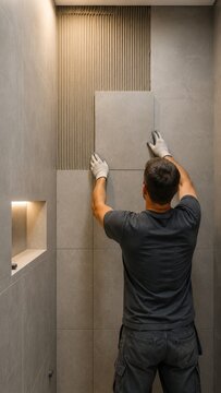 Man tiler in gloves installing ceramic tile on bathroom wall with adhesive. Home renovation and repair work. Professional craftsman laying wall tiles in modern shower interior during remodeling.