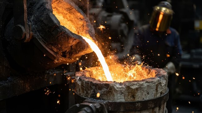 Molten metal pouring from a furnace into a refractory ladle with sparks, graphite crucible, and protective visor in a foundry