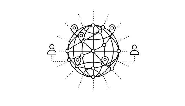 Minimalist black outline icon representing global networking and people connection around the globe.