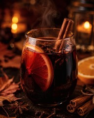 Fototapeta premium Hot Mulled Wine With Orange Cinnamon and Star Anise by Candlelight
