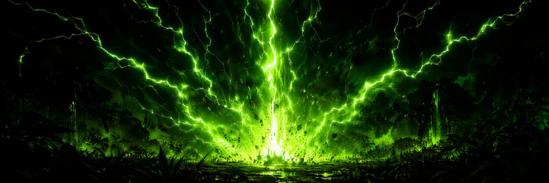 Dramatic green lightning strikes down in dense jungle landscape