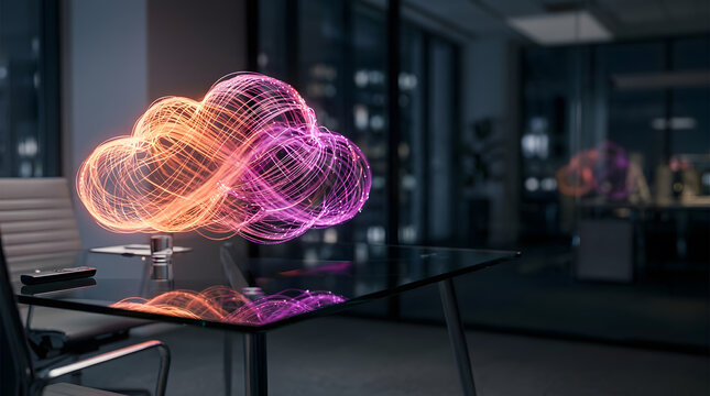 Futuristic Glowing Neon Cloud Hologram Floating on Glass Office Desk