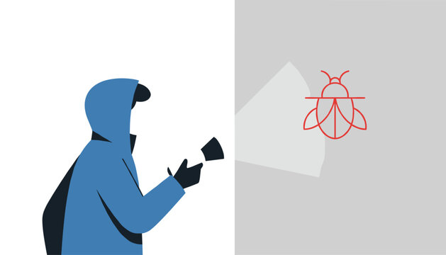 Software tester using a flashlight to uncover hidden technical bugs and system errors on a dark background.