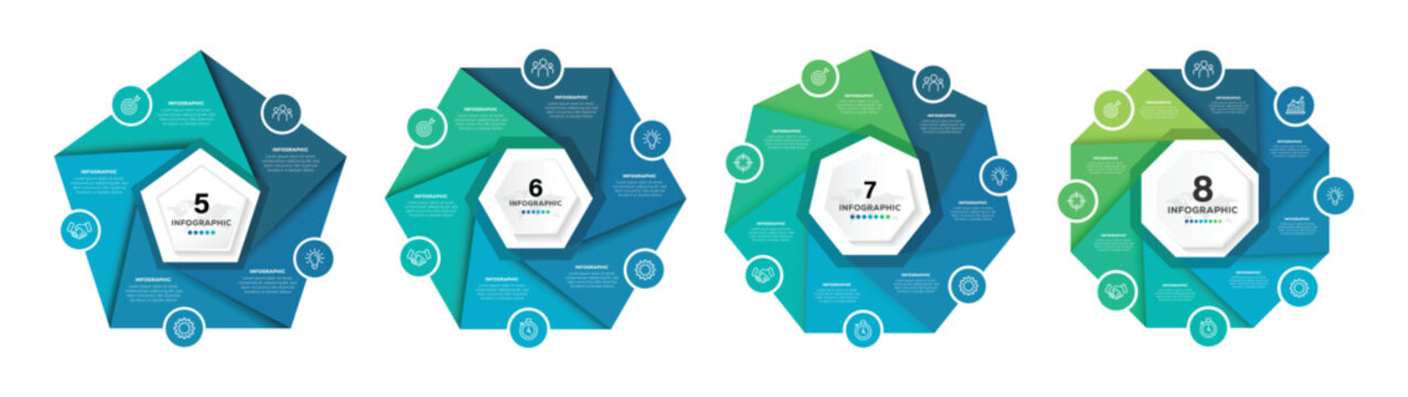 Venn diagram infographic icon set. Process chart, cycle diagram for business presentation. Venn diagram infographic chart template for business 5-8 parts. Vector illustration.