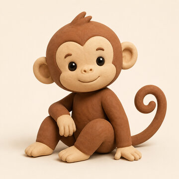 Cute Brown 3D Clay Zodiac Monkey with Curled Tail on a Beige Background