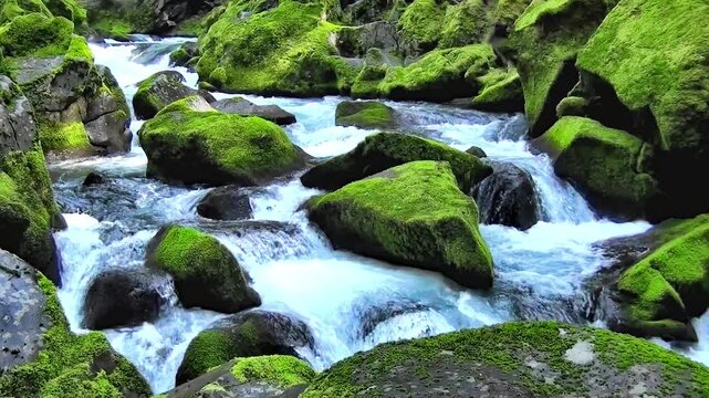 Fast flowing water rushing between moss covered rocks and boulders with white splashing water creating a natural stream in Iceland