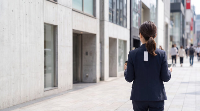ジャケットの値札やタグを外し忘れたまま街中を外出して歩く女性（日常の失敗・うっかりミス・ビジネス・後ろ姿）｜A woman walking around town without realizing she forgot to remove the price tag and label from her jacket