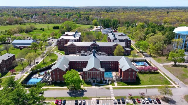 Taunton State Hospital aerial view. This hospital is a public psychiatric hospital in city of Taunton, Bristol County, Massachusetts MA, USA. 