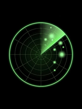 Green radar screen with circular grid lines and sweep arm detecting glowing blips of target coordinates against a dark black background suitable for military and aviation design.
