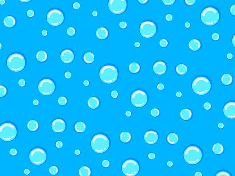 illustration pattern of random light blue bubbles with white highlights and reflections, floating and scattered across a solid vibrant blue background.